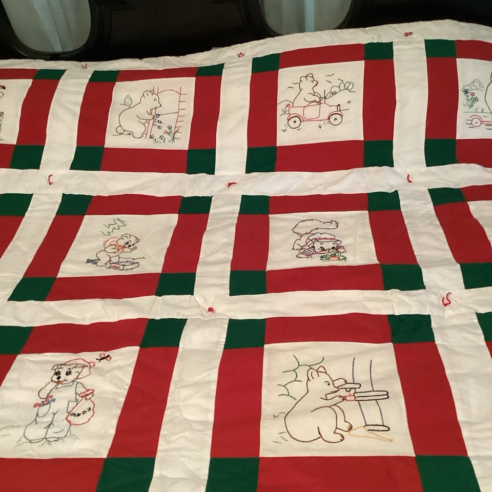 Child's Teddy Bear Bedding Comforter 94" x 90" Embroidered Gingham Red Green - Image 4 of 4