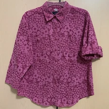Jones Wear Sport Top Women's 3/4 Sleeve Roll Tab Button Up Shirt Floral Pink L