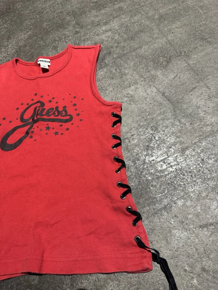 Vintage Y2K 90s Guess Biker Lace Up Grunge Tank Top Red And Black Spell out Logo - Image 4 of 4