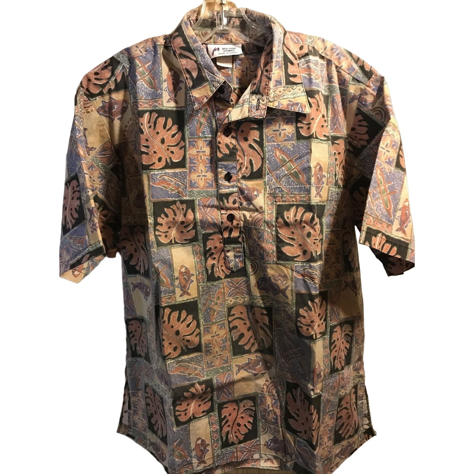 Malihini Vintage Men’s L orange Triball Short Sleeve Button Up Hawaiian Shirt