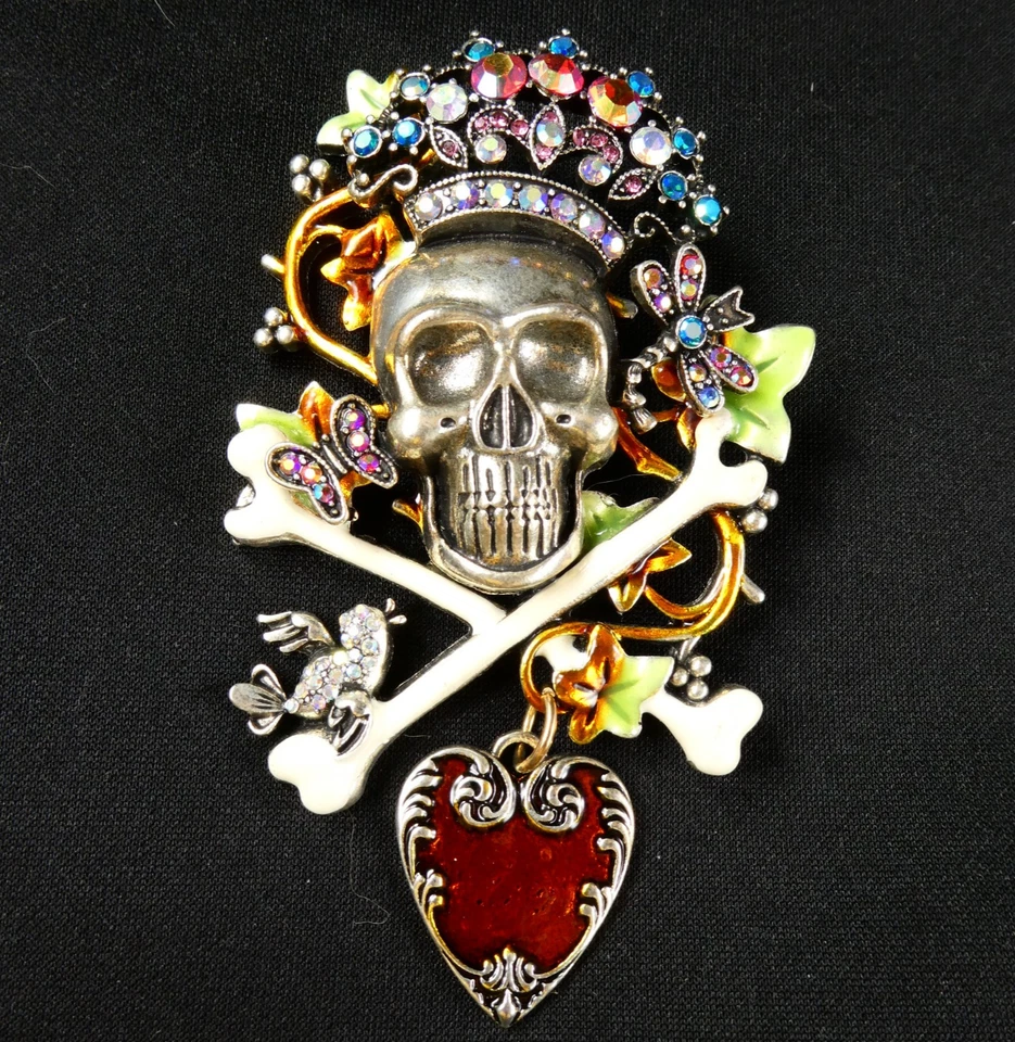 Broche prendedor calavera y huesos de Halloween corazón colgante pedrería libélula pájaro GRANDE Foto 2 de 4