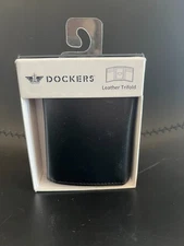 Dockers Mens Black Leather Trifold Wallet RFID Protection Credit Card Slots NEW