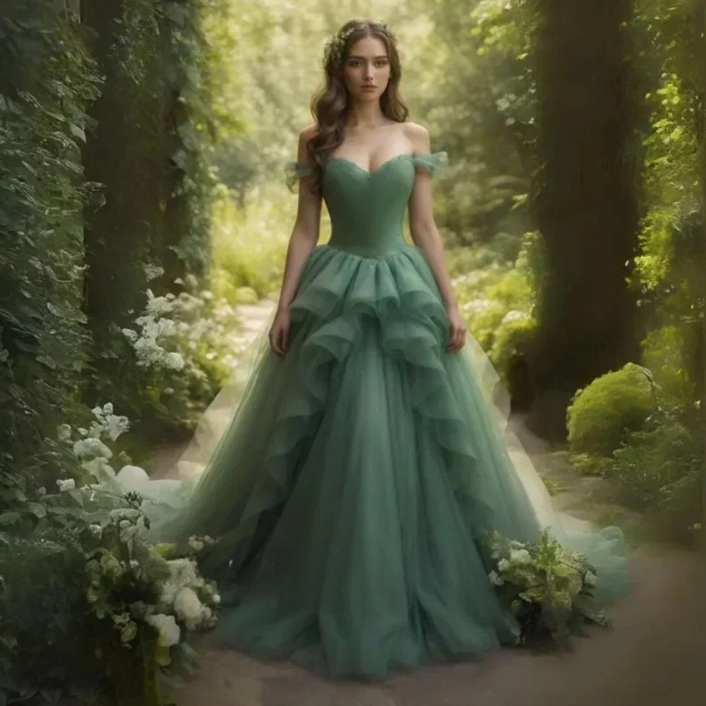 Fairytale Green Tulle Wedding Dresses Off Shoulder Ruffle A-Line Long  BridalGown | eBay