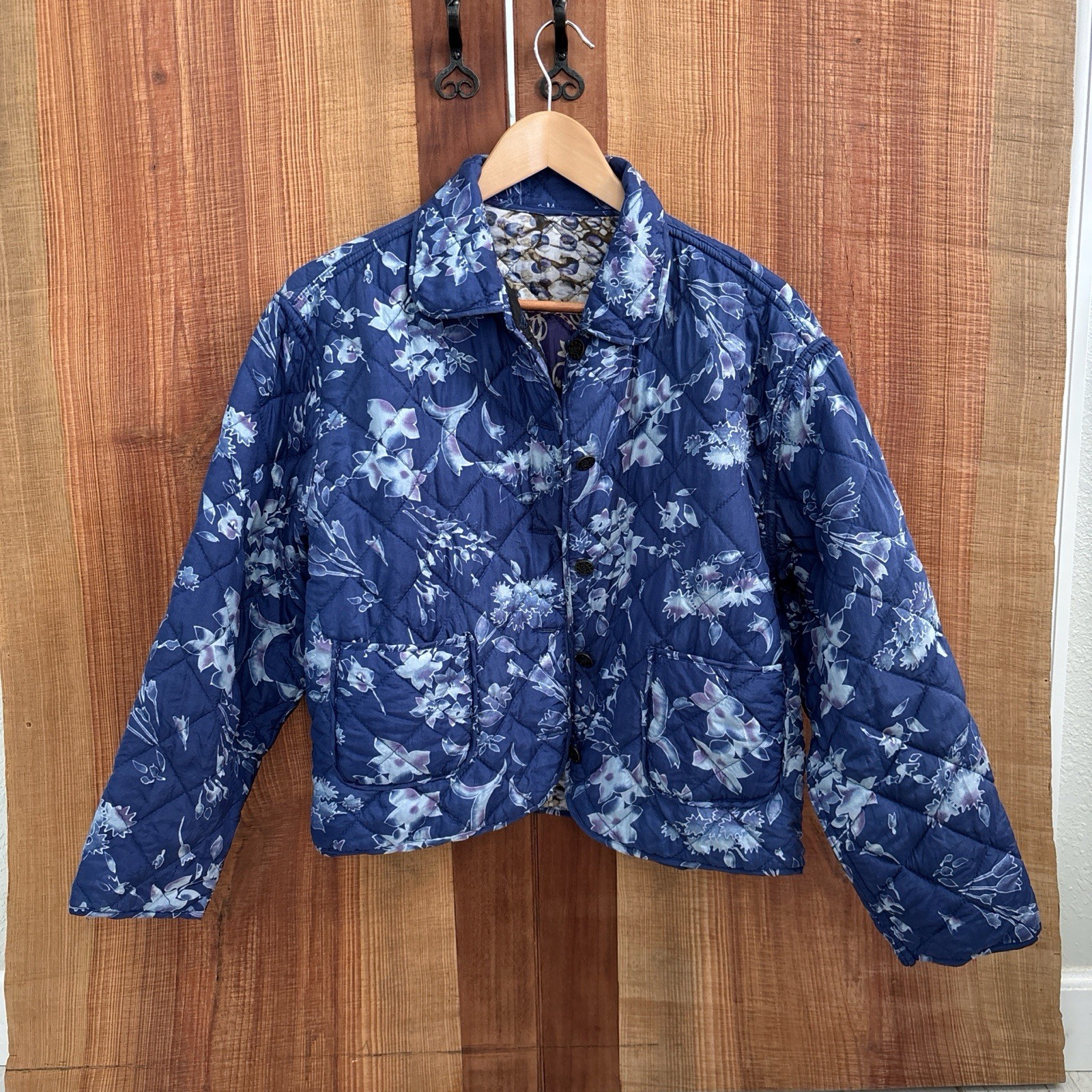 Reversible Silk Blue Floral Patchwork Quilted Jac… - image 1