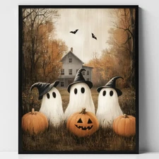 Cute Ghosts with Pumpkins, Printable Vintage Halloween Wall Art, Spooky Poster