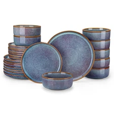 PLAYA Plates and Bowls Sets, 24 Pieces Grey-Blue Dinnerware Sets for Kitchen,...