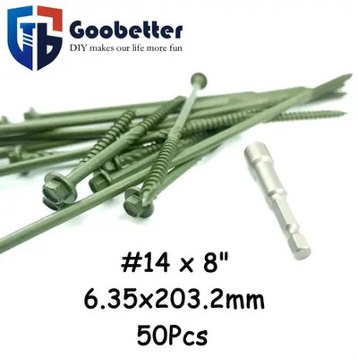 50pcs #14x8'' Heavy Duty Green Hex Head Screws - Rust-Resistant Carbon Steel, Ide