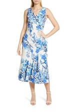 Eliza J EJ2-9679 Floral Print Ruffle Sleeveless Midi Cocktail Dress Sz 2 Blue Iv