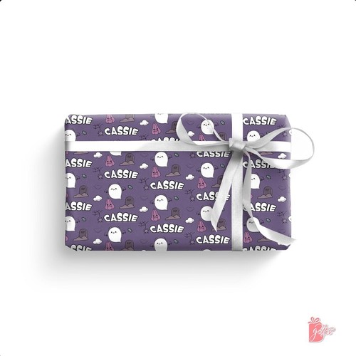 Halloween Personalized Gift Wrapping Paper w/ Name | Cute Bat Ghost Pumpkin Wrap - Picture 2 of 19
