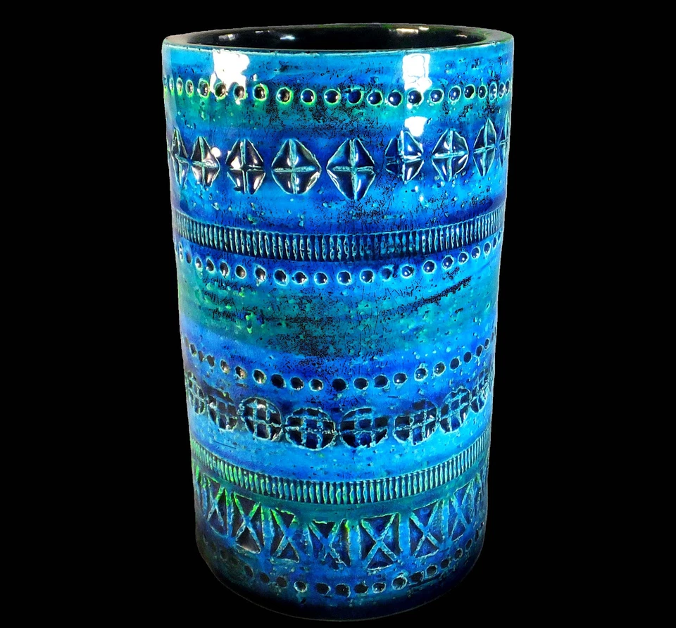 WONDERFUL, LARGE ALDO LONDI for BITOSSI CYLINDRICAL RIMINI BLU HAND PAINTED VASE - Image 3 of 4