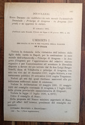ARAGONA 1892 REGIERUNG DEKRET X DAS MÄDCHENWAISENHAUS-5394