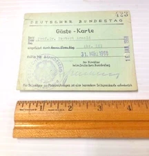 Vintage 1968 DEUTSCHER BUNDESTAG-Gaste-Karte Germany guess pass- Membership card