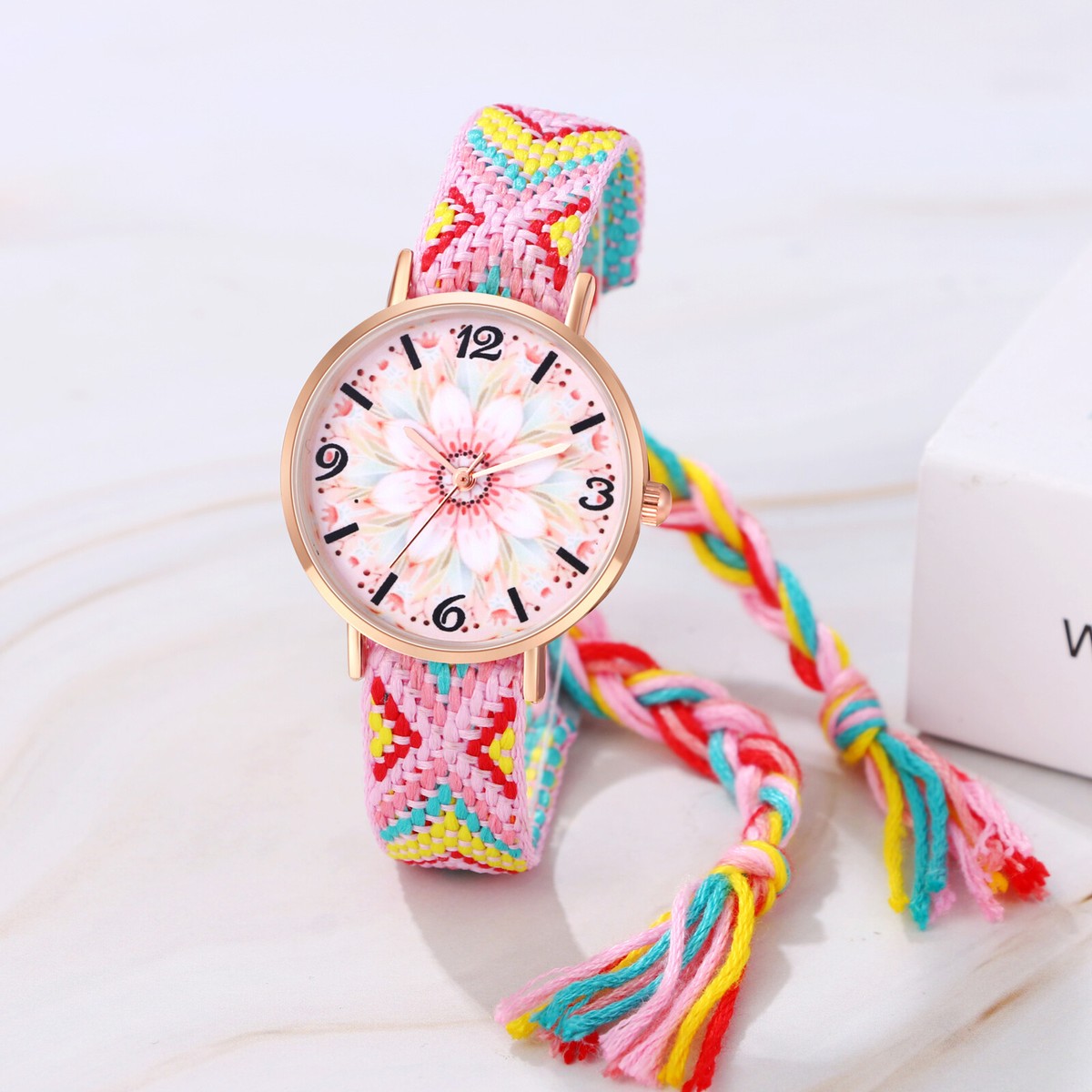 Flongo Floral Dial Watch Adjustable Colorful Braided Cord Women