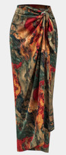 Elegant Satin Multi Color Print Tie Front Long Skirt Length 48.4"