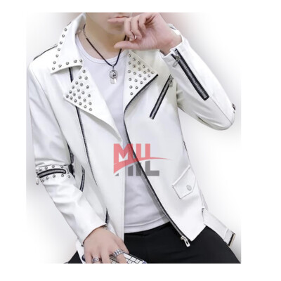 Handmade Men's White Biker Genuine Sheepskin Studded Slim Fit Leather Jacket