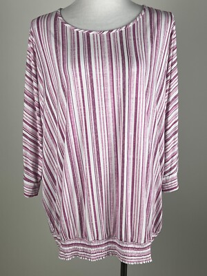 SUSAN GRAVER Weekend 'Striped Cool Touch Dolman Sleeve Top w/Smocked Hem' - 2X