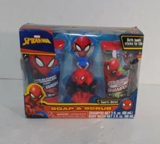 NEW Spider Man Soap and Scrub Hook Body Wash Shampoo Scrubby Kids Bath Set