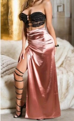 Femne Luxe High Waist Cocktail Bodenlanger Maxirock in Satin-Optik Schlitz 34/36