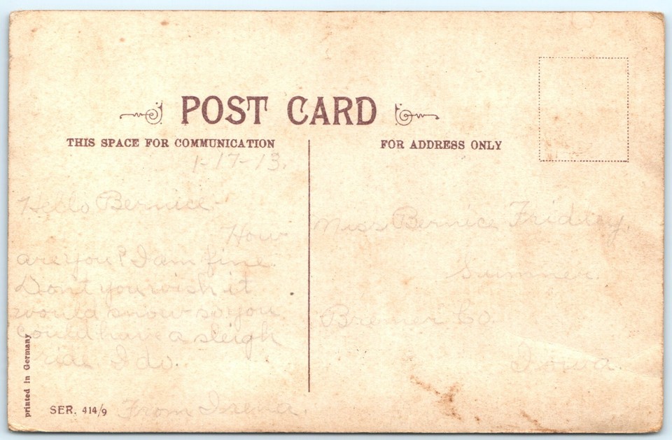 1913 Best Wishes Gel Girl Push Little Boy Flower Wood Cart Postcard