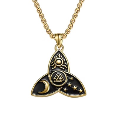 Gold Black Irish Celtic Triquetra Trinity Knot w. Valknut Pendant Necklace Chain