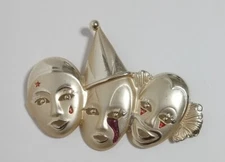 Vintage AJC Gold Tone Triple Clown Face Brooch 3.5" Signed Enamel Jester Circus
