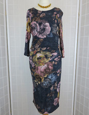 Phase Eight Dress Size 8 Grey Pink Yellow Floral Print Bodycon Ruched 3/4 Sleeve