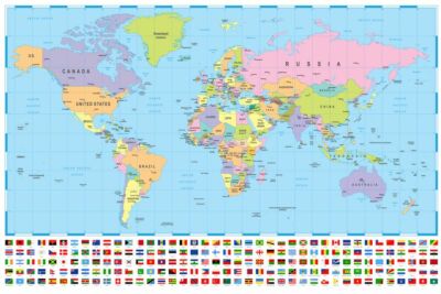 WORLD MAP POSTER - Large 910 x 610 mm with countries oceans and flags coloured