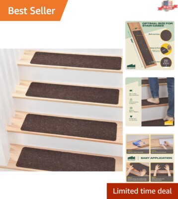 8'' x 30'' Non-Slip Safety Rug Stair Treads - 15 Pack for Kids & Pets - Brown