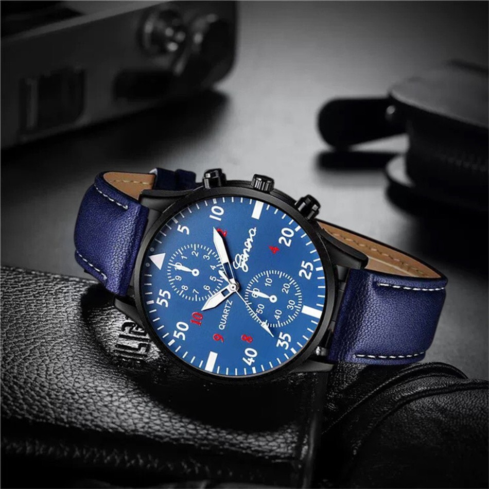 Montre Bracelet Cuir Homme Ensemble Quartz Noir Cadeau Bijoux