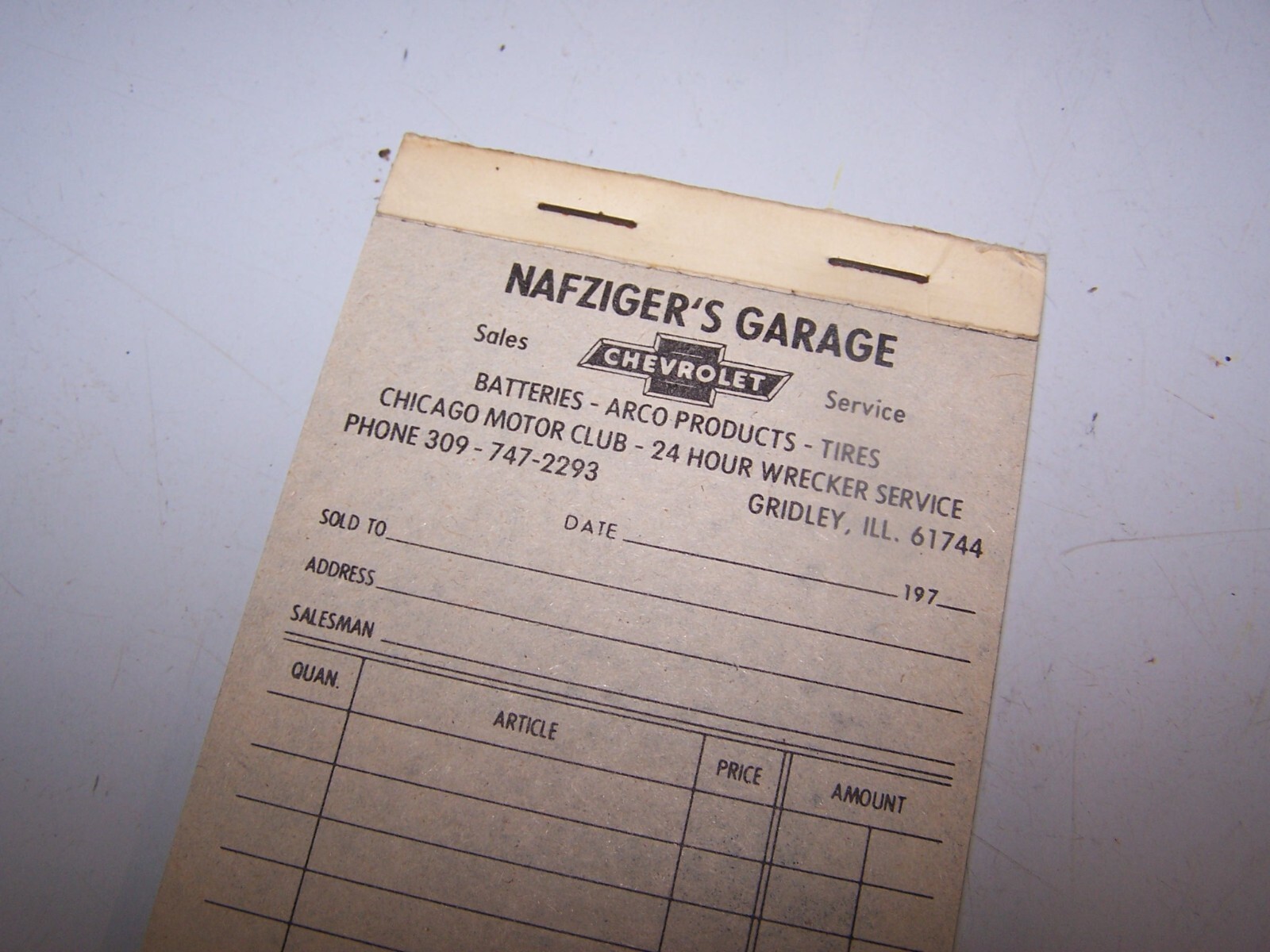 1970's NAFZIGER'S GARAGE Receipt Book CHEVROLET Bowtie GRIDLEY ILLINOIS
