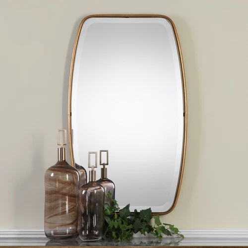 Luxe Curved Oval Gold Thin Frame Wall Mirror Tall 36" Minimalist Classic Elegant - Picture 2 of 3