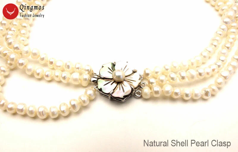 Collar de perlas blancas naturales redondas planas de 6-7 mm para mujer 3 hilos 20-22" nec1522 Foto 4 de 4