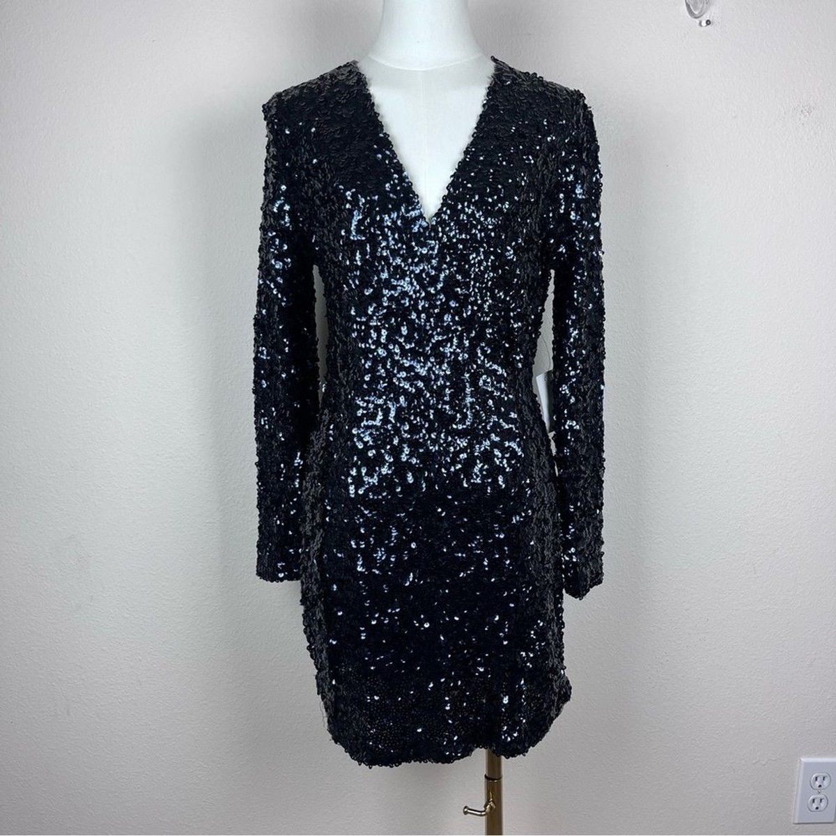 Venus Dress Womens Small Sequin Mini V Neck Long Sleeve Evening
