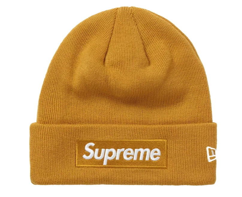 Bonnet Supreme New Era boîte logo FW21 moutarde légère