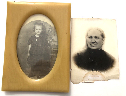 BAKELITE Picture Frame-Arm on back is broken-2 pictures, one a girl and old lady