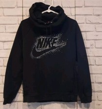 Nike Women's Size M Funnel Neck Hoodie Black Silver Pockets Logo Drawstring