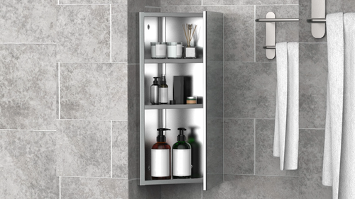 Bathroom Corner Wall Mirror Storage Cabinet Mirrored Cupboard Stainless Steel - Video 1 of 1
