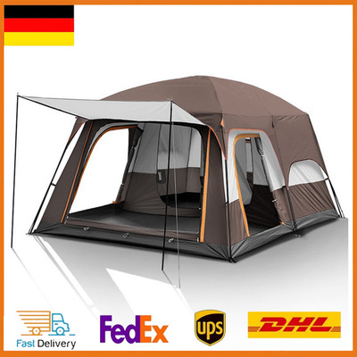 8-12 Personen Zelt Campingzelt Tunnelzelt mit Vorzelt und 2-Raum-Trennwand Braun