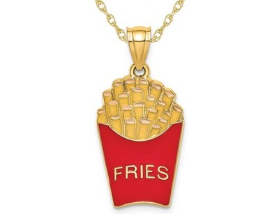 14K Gelbgold rote Emaille Pommes Frites Anhänger mit Kette