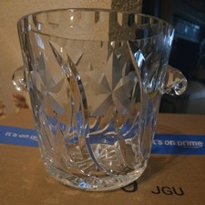 Crystal Glass Ice Bucket Bowl Floral Etched Pattern Scroll Handles