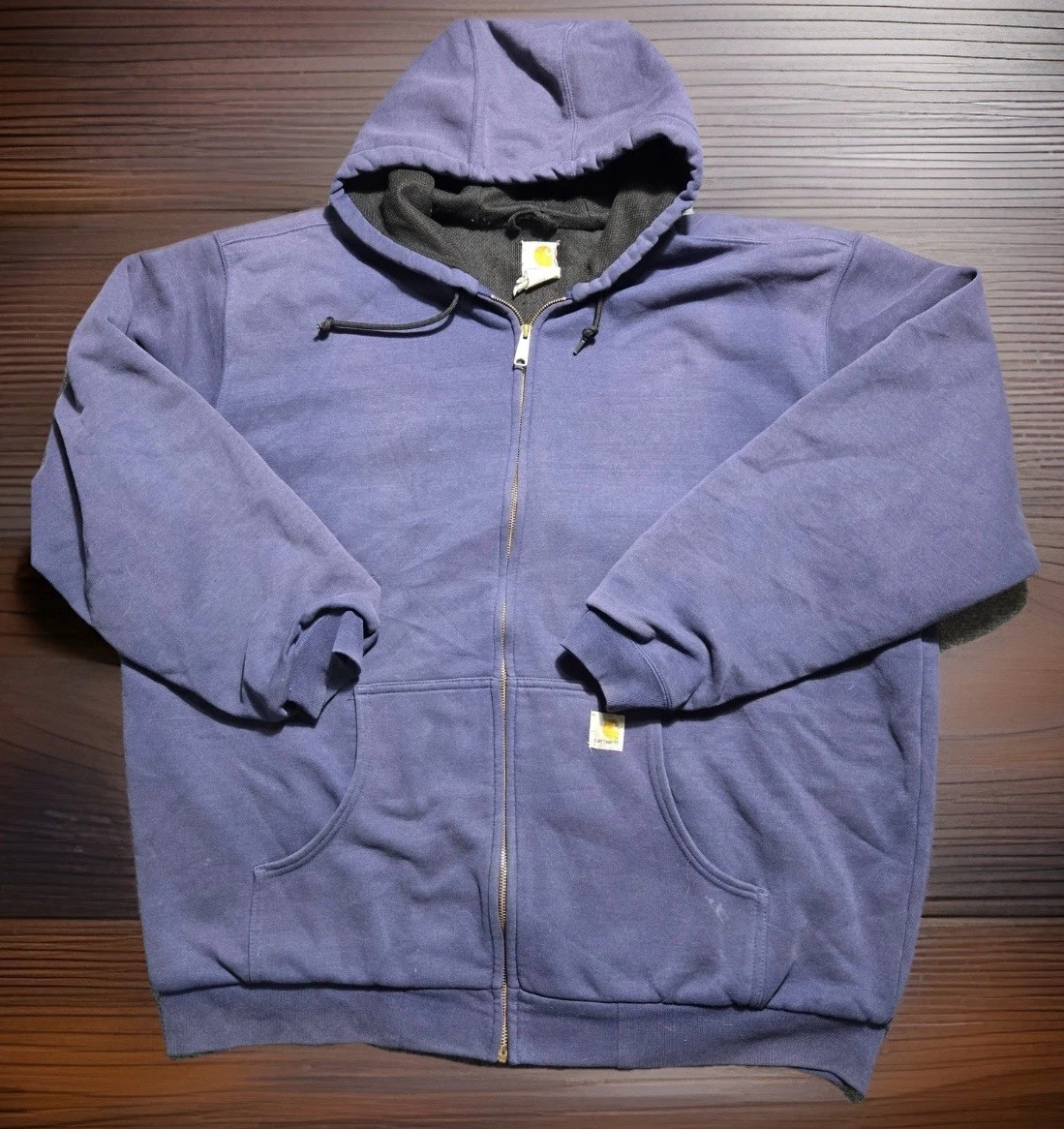 Vintage Carhartt Thermal Lined Waffle Knit Zip Up Hoodie Sweatshirt XL Navy Blue