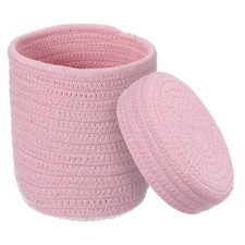 Light Pink Small Cotton Rope Woven Storage Basket Round with Lid 5.8"x5.6"