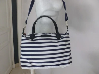 NEUF SUPERBE SAC CABAS LANCASTER BI MATIERE CUIR TOILE SATINEE RAYURE MARINE - Photo 1/4