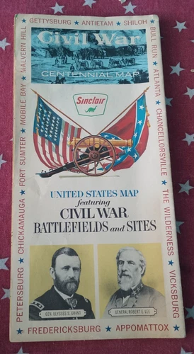 Civil War Centennial Map:  Battlefields and Sites  Sinclair Oil 1961 - 1965 VG