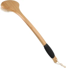 Back Scrub Brush for Shower,Stiff Boar Bristles Bamboo Curved Long Handle