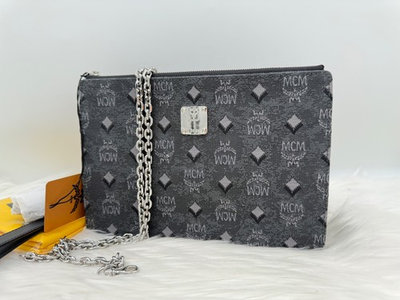#ad AUTH NWT $580 MCM SM Aren Logo Zip Top Jacquard Wristlet Crossbody Dark Gray $349.99
