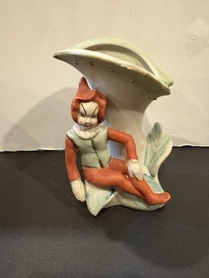 Vtg Pixie Elf Figure Vase Planter Ceramic made in Japan  Green Orange  Matte