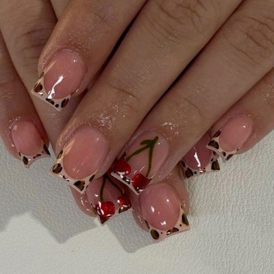 24 Pcs Fruit False Nail French Tip On Nail Leopard Print Press On Nail