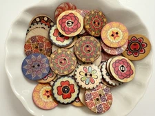 50PC Floral Printed Round Wood Buttons Sewing Crafts 25mm 1 Inch