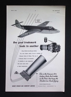 Original 1953 Advert Hawker Aircraft Sea Hawk Nimonic Turbine Blade